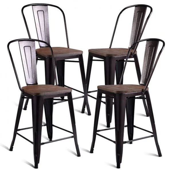 Lot de 4 Chaises de Bar Style Industriel Dossier Détachable Capacité 120 Kg en Métal Bois D’orme 45x52x99cm Bronze