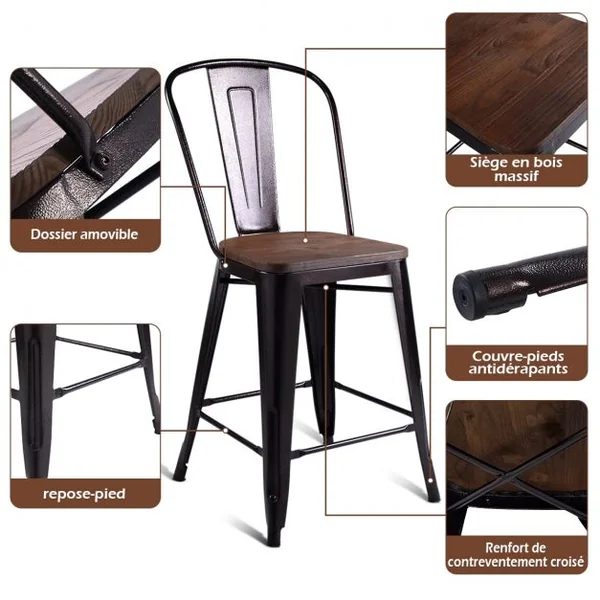 Lot de 4 Chaises de Bar Style Industriel Dossier Détachable Capacité 120 Kg en Métal Bois D’orme 45x52x99cm Bronze