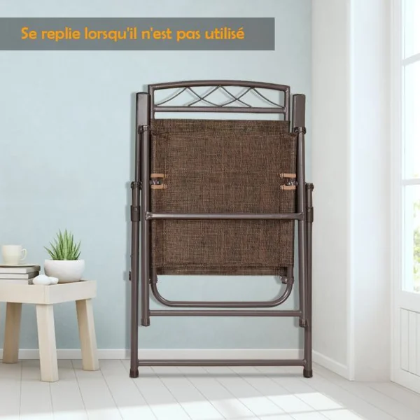 Lot de 4 Chaises de Jardin Pliables avec Accoudoirs Capacité 160kg en Fer Forgé & Maille Synthétique, 67x57x93cm, Café
