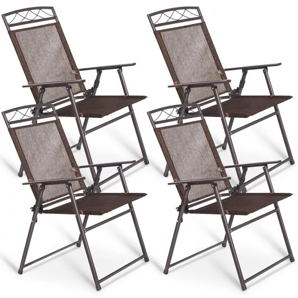 Lot de 4 Chaises de Jardin Pliables avec Accoudoirs Capacité 160kg en Fer Forgé & Maille Synthétique, 67x57x93cm, Café