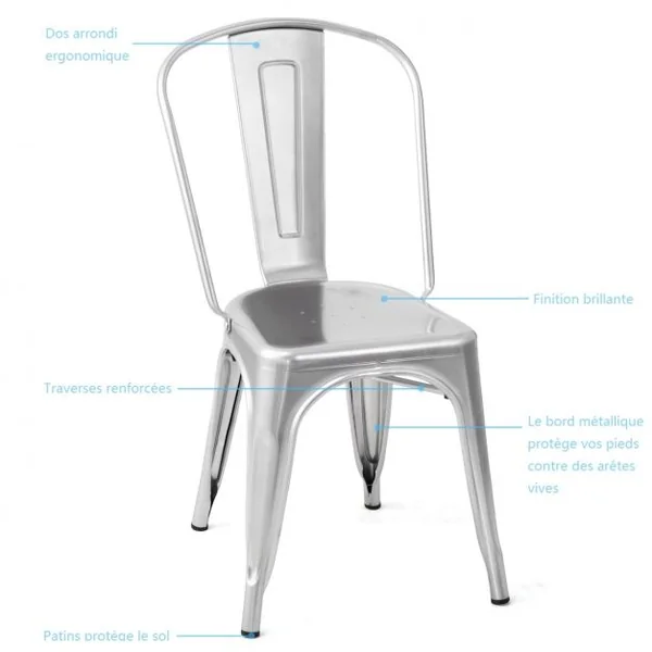 Lot de 4 Chaises de Style Industriel avec Dossier Détachable pour Cuisine Capacité 125kg en Acier 45x52x85cm Argent