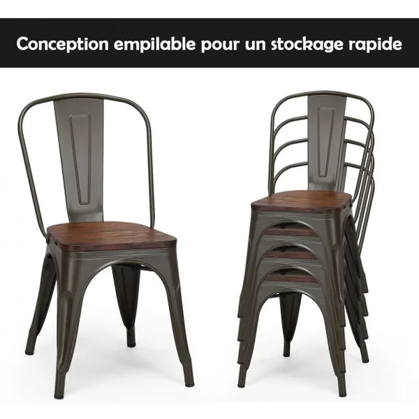 Lot de 4 Chaises Salle à Manger en Acier Assise en Bois d’Orme Empilables Style Industriel 51x44x85,5cm Couleur Métallisée