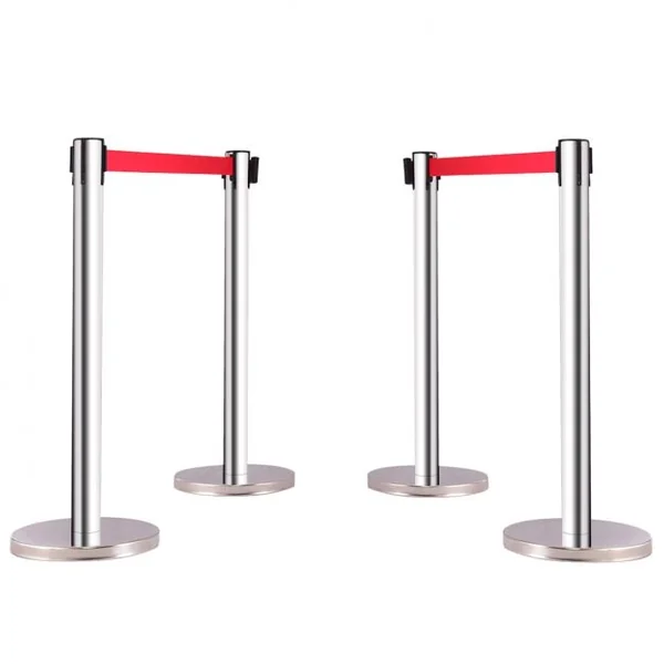 Lot de 4 Poteaux de Guidage avec 4 Bandes Rouges de 2 Mètres Poteaux en Acier Inoxydable 63x85cm (lxh) Dia. Base 32cm