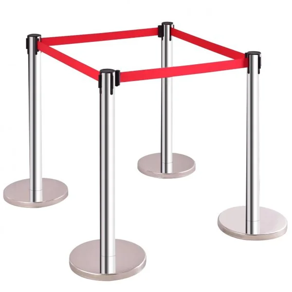 Lot de 4 Poteaux de Guidage avec 4 Bandes Rouges de 2 Mètres Poteaux en Acier Inoxydable 63x85cm (lxh) Dia. Base 32cm
