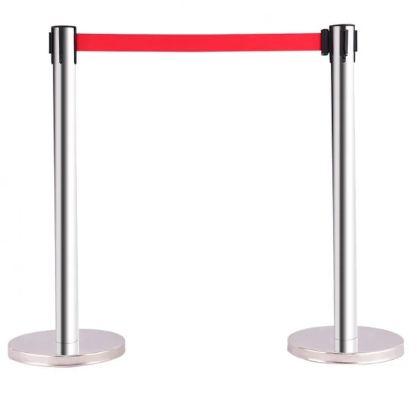 Lot de 4 Poteaux de Guidage avec 4 Bandes Rouges de 2 Mètres Poteaux en Acier Inoxydable 63x85cm (lxh) Dia. Base 32cm