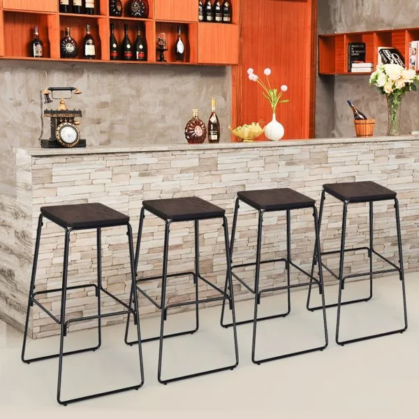Lot de 4 Tabourets de Bar avec Repose-pieds Style Industriel Capacité 120 Kg en Orme et Fer 43x43x76cm Noir-café