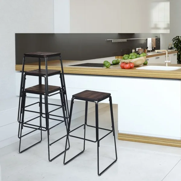 Lot de 4 Tabourets de Bar avec Repose-pieds Style Industriel Capacité 120 Kg en Orme et Fer 43x43x76cm Noir-café