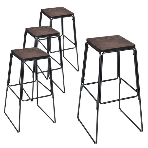 Lot de 4 Tabourets de Bar avec Repose-pieds Style Industriel Capacité 120 Kg en Orme et Fer 43x43x76cm Noir-café