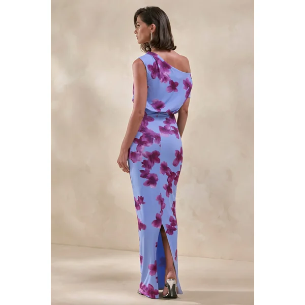 Louisa | Robe longue à imprimé floral flouté et encolure asymétrique