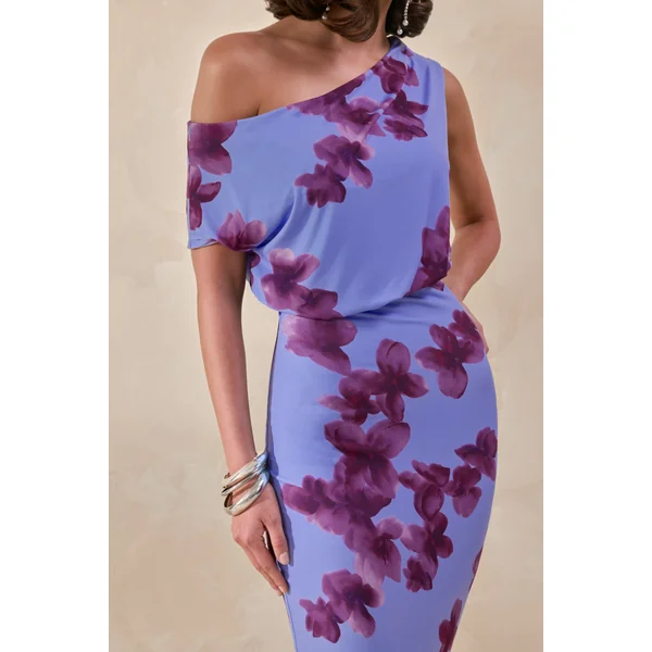 Louisa | Robe longue à imprimé floral flouté et encolure asymétrique