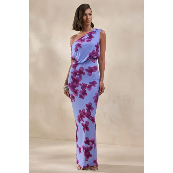 Louisa | Robe longue à imprimé floral flouté et encolure asymétrique