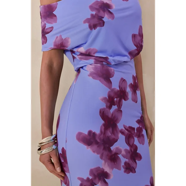 Louisa | Robe longue à imprimé floral flouté et encolure asymétrique