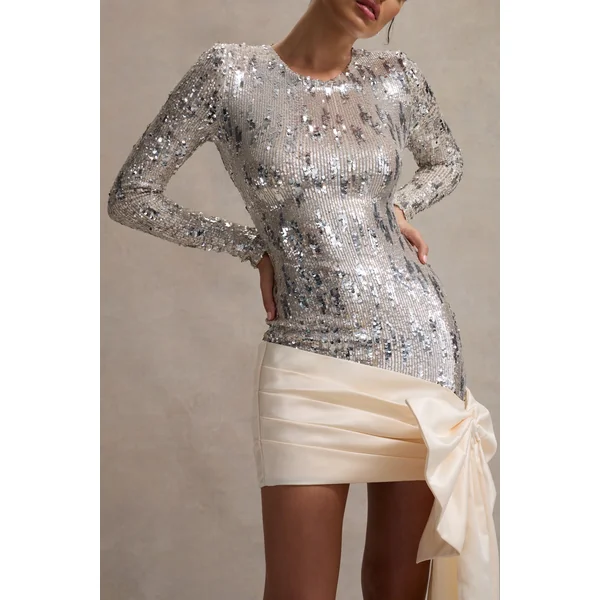 Love Galore | Mini-robe à sequins blanc cassé avec nœud en satin surdimensionné