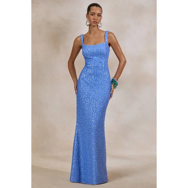 Lucelle | Robe longue bleu poudré à sequins et décolleté arrondi