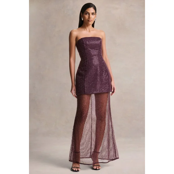 Luciana | Robe longue bandeau violette ornée de sequins