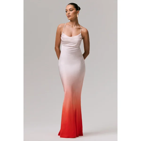 Lucie | Robe longue en satin rouge ombré à col bénitier