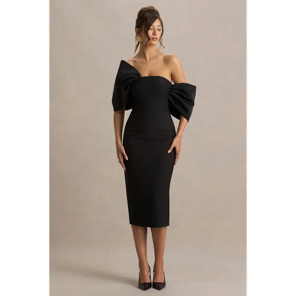 Lucille | Robe Mi-Longue Bardot Asymétrique Noire