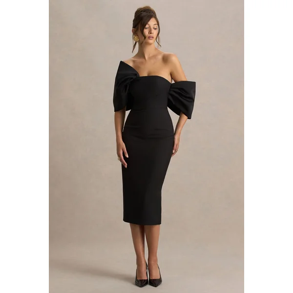 Lucille | Robe Mi-Longue Bardot Asymétrique Noire