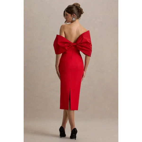 Lucille | Robe mi-longue Bardot asymétrique rouge