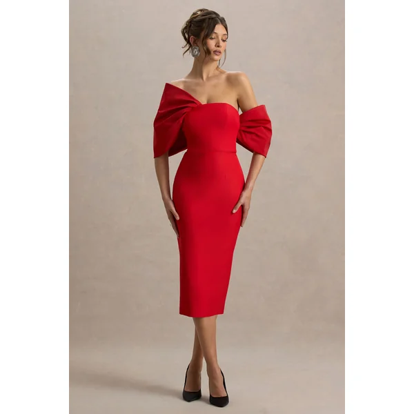 Lucille | Robe mi-longue Bardot asymétrique rouge