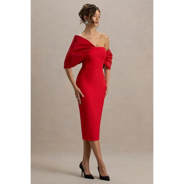 Lucille | Robe mi-longue Bardot asymétrique rouge