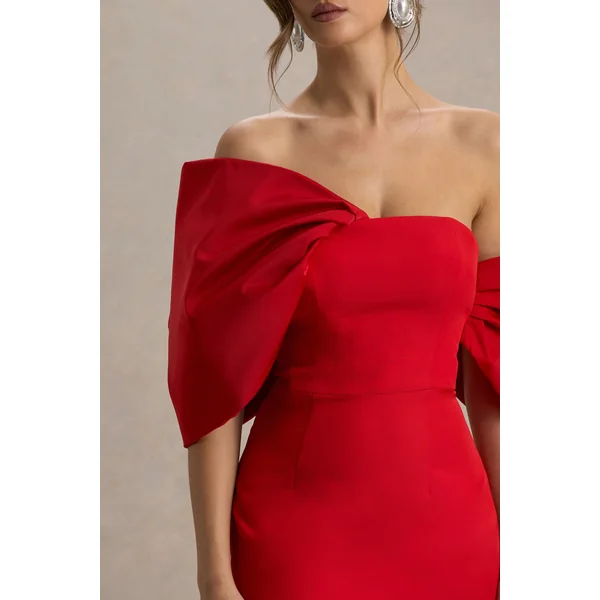 Lucille | Robe mi-longue Bardot asymétrique rouge