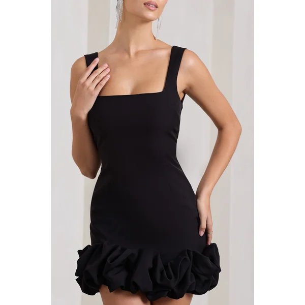 Lucy | Mini-robe noir à bretelles et longueur en cascade