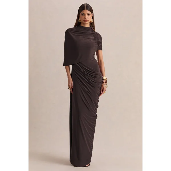 Lunaline | Robe longue marron à encolure haute avec cape asymétrique et détails drapés