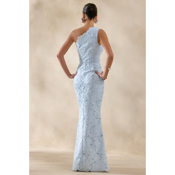 Lunia | Robe longue bleu poudré en broderie anglaise à encolure asymétrique
