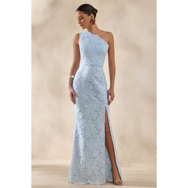 Lunia | Robe longue bleu poudré en broderie anglaise à encolure asymétrique