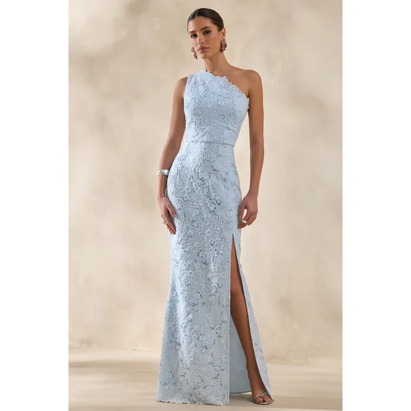 Lunia | Robe longue bleu poudré en broderie anglaise à encolure asymétrique