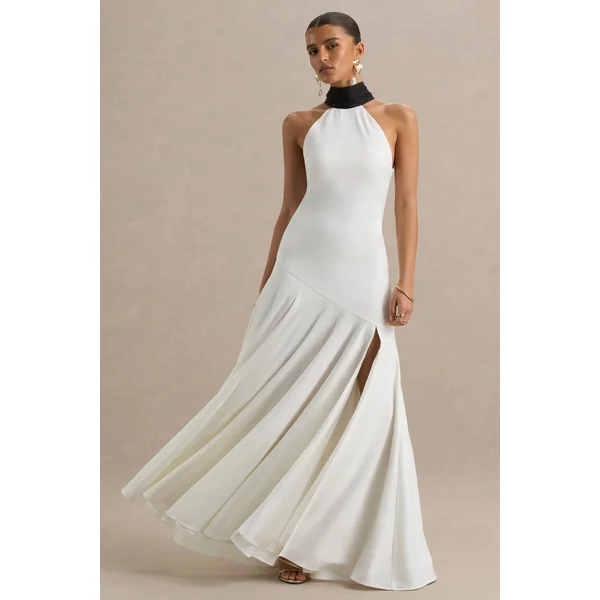 Luscious | Robe longue blanche et noire encolure haute taille basse et détail nœud
