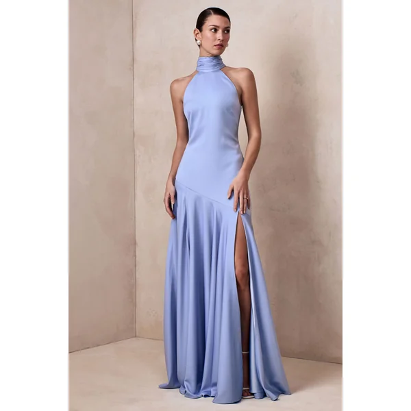 Luscious | Robe longue à col montant bleu poudré avec taille basse et détail nœud