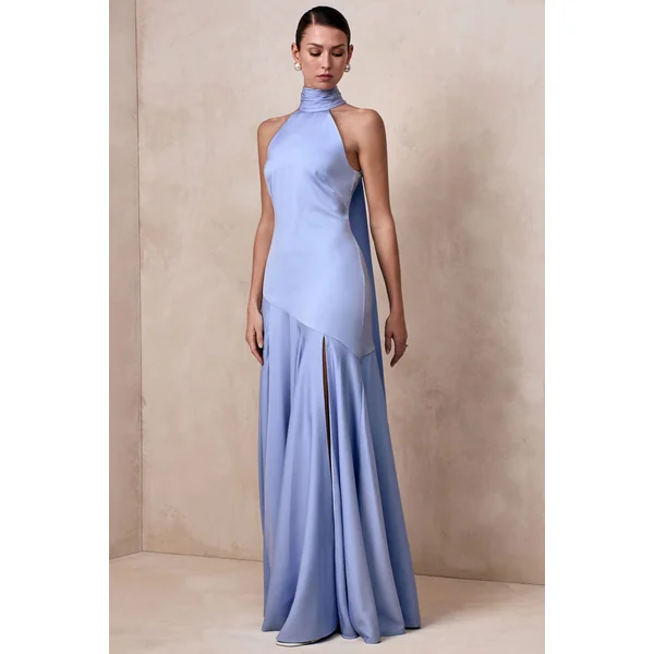 Luscious | Robe longue à col montant bleu poudré avec taille basse et détail nœud