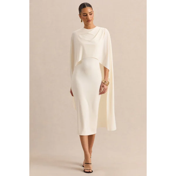 Luxalyn | Robe mi-longue crème à encolure ronde avec détail cape