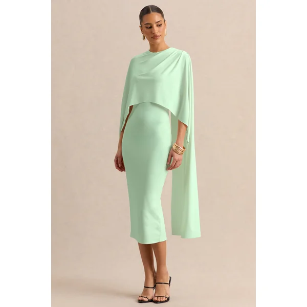 Luxalyn | Robe mi-longue verte à encolure ronde avec détail cape