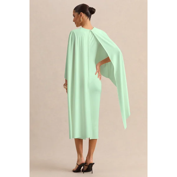 Luxalyn | Robe mi-longue verte à encolure ronde avec détail cape