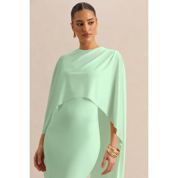 Luxalyn | Robe mi-longue verte à encolure ronde avec détail cape