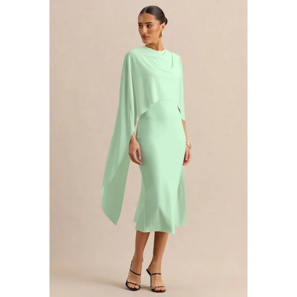 Luxalyn | Robe mi-longue verte à encolure ronde avec détail cape