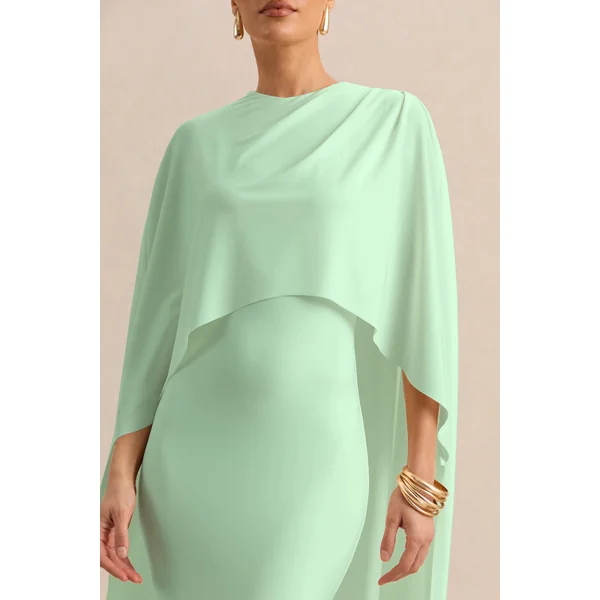 Luxalyn | Robe mi-longue verte à encolure ronde avec détail cape