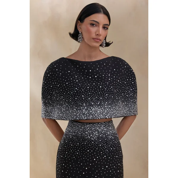 Luxy | Crop top noir orné à encolure bateau avec manches cape
