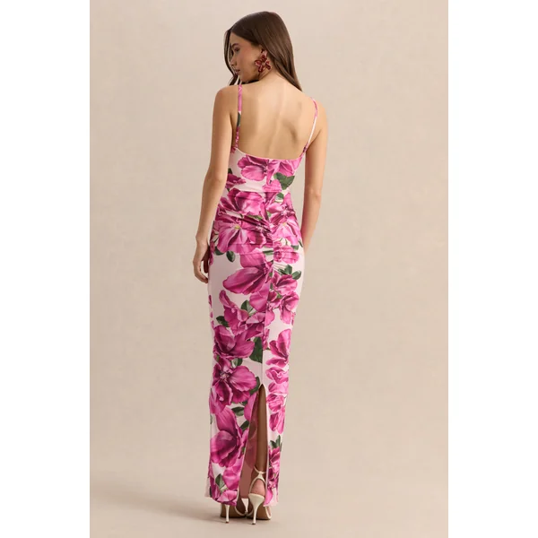 Luz | Robe longue à bretelles imprimé hibiscus rose