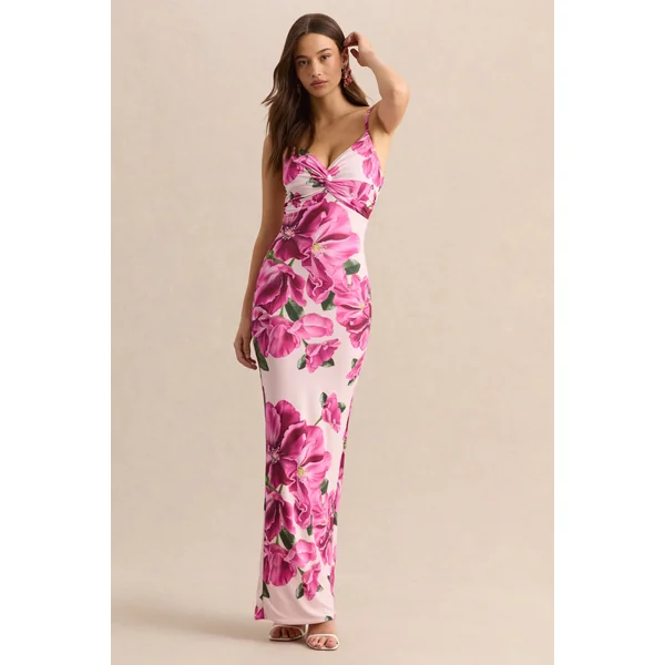 Luz | Robe longue à bretelles imprimé hibiscus rose