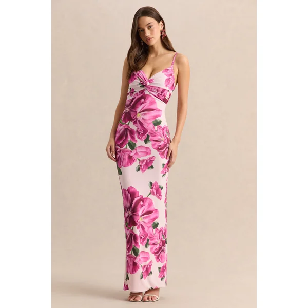 Luz | Robe longue à bretelles imprimé hibiscus rose