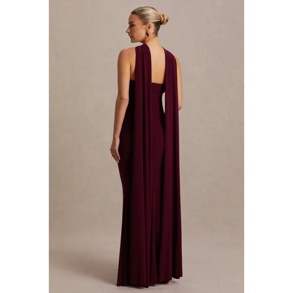 Lyra | Robe bordeaux longue à encolure dos nu croisée avec cape