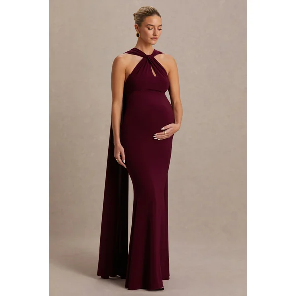 Lyra | Robe bordeaux longue à encolure dos nu croisée avec cape