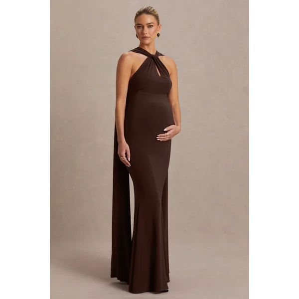 Lyra | Robe longue de maternité marron à décolleté dos nu croisé avec cape