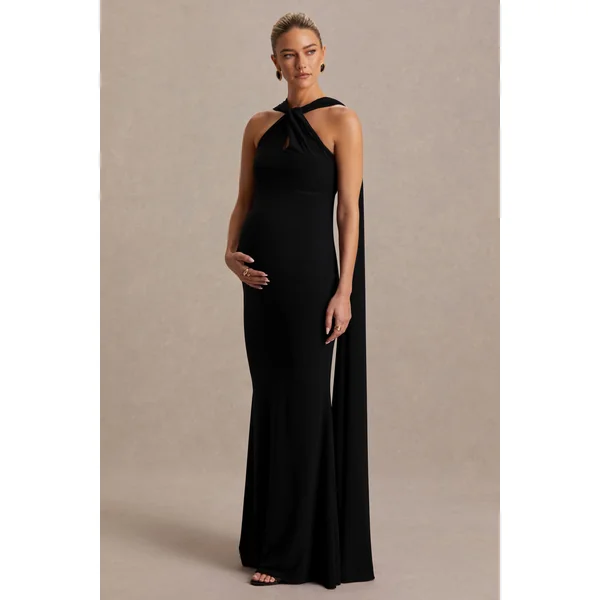 Lyra | Robe longue noire à encolure américaine croisée avec cape