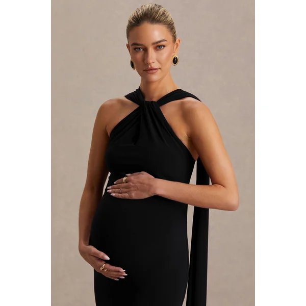 Lyra | Robe longue noire à encolure américaine croisée avec cape