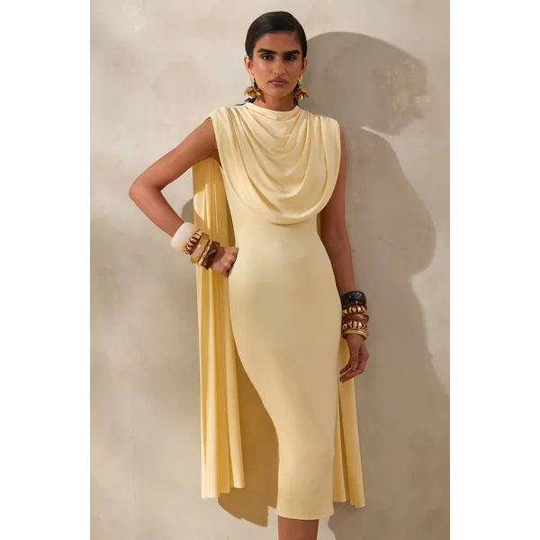 Lysandria | Robe mi-longue citron à encolure haute avec détails drapés